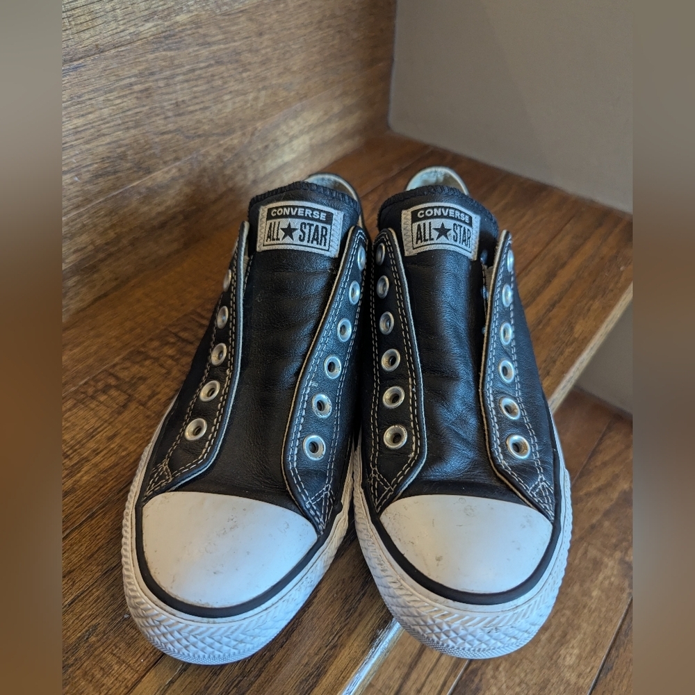 Converse Leather Sneaker unisex All Star Slip On Black Shoe Men's 6.5 Women's8.5